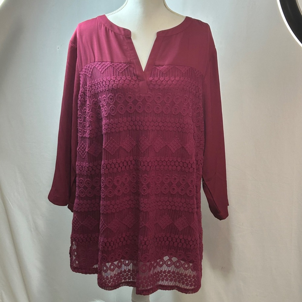 Zac & Rachel Woman Burgundy Lace Blouse V-Neck 3/4 Sleeve Top 2X